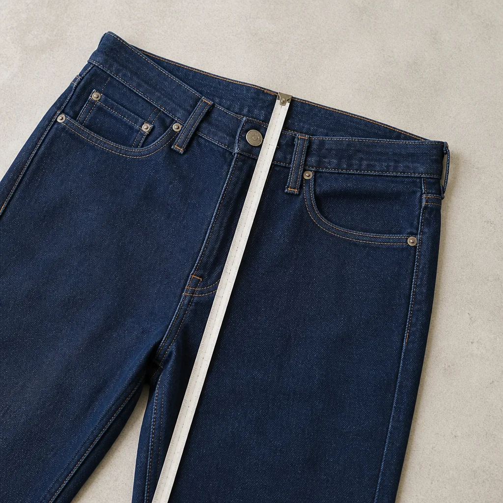 Profilo laterale di jeans posati piatti, metro che va dalla cucitura del cavalcapiede alla parte superiore del girovita