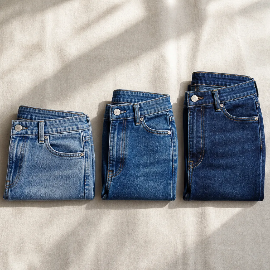 Tre paia di jeans piegate una accanto all'altra che mostrano altezze di girovita diverse, che rappresentano cavallo basso, medio e alto