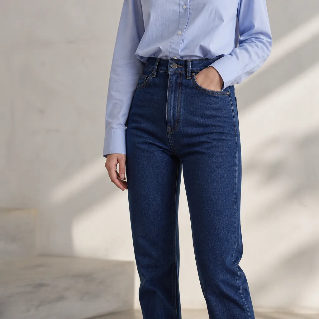 Persona che indossa jeans a cavallo alto con una camicia infilata in vita, nessun volto visibile