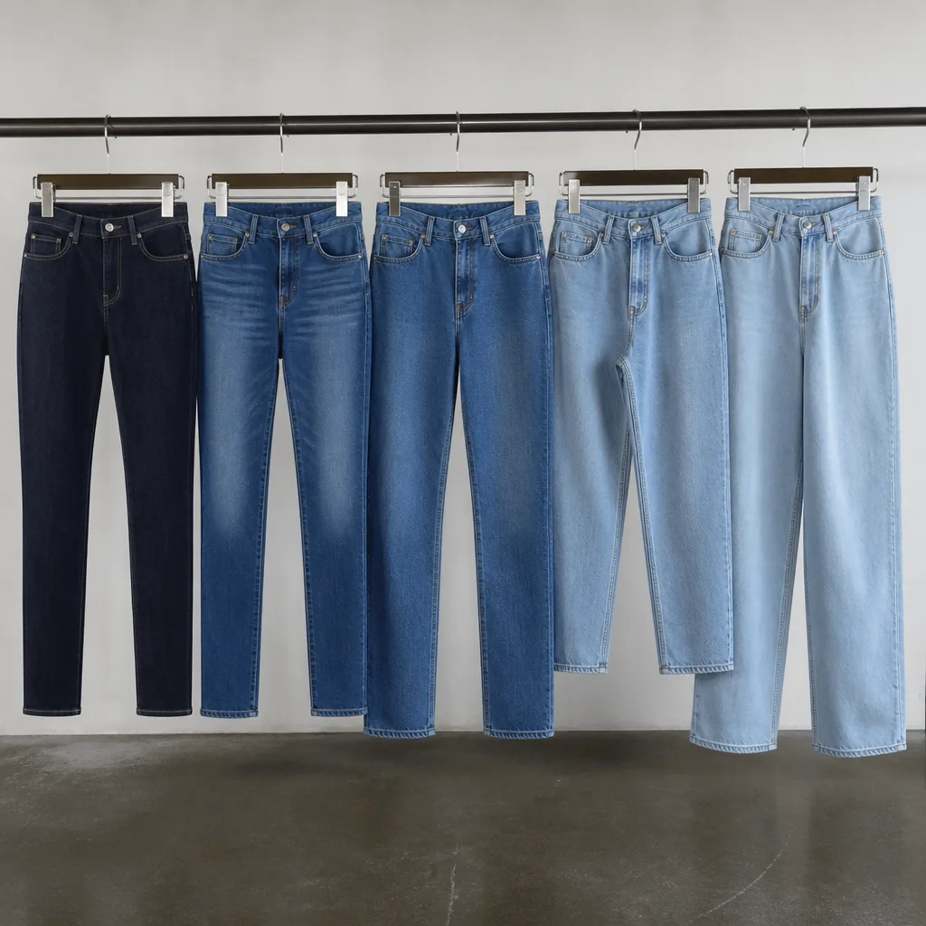 fila de jeans femininas em diferentes cortes penduradas em conjunto, mostrando formas de perna variadas