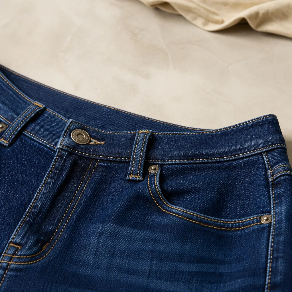 pormenor de um cós de jeans mostrando modelação curva e passadores de cinto
