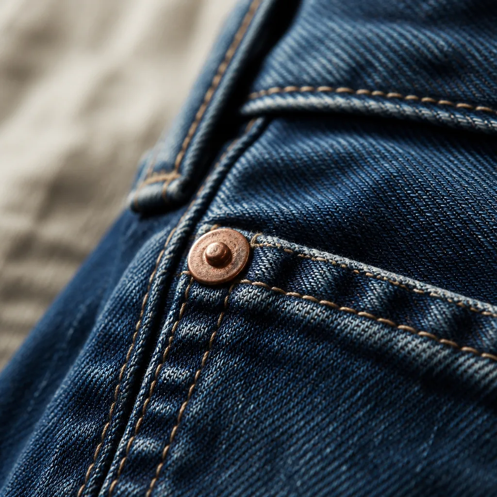 primo piano di un rivetto metallico che rinforza l'angolo di una tasca in denim