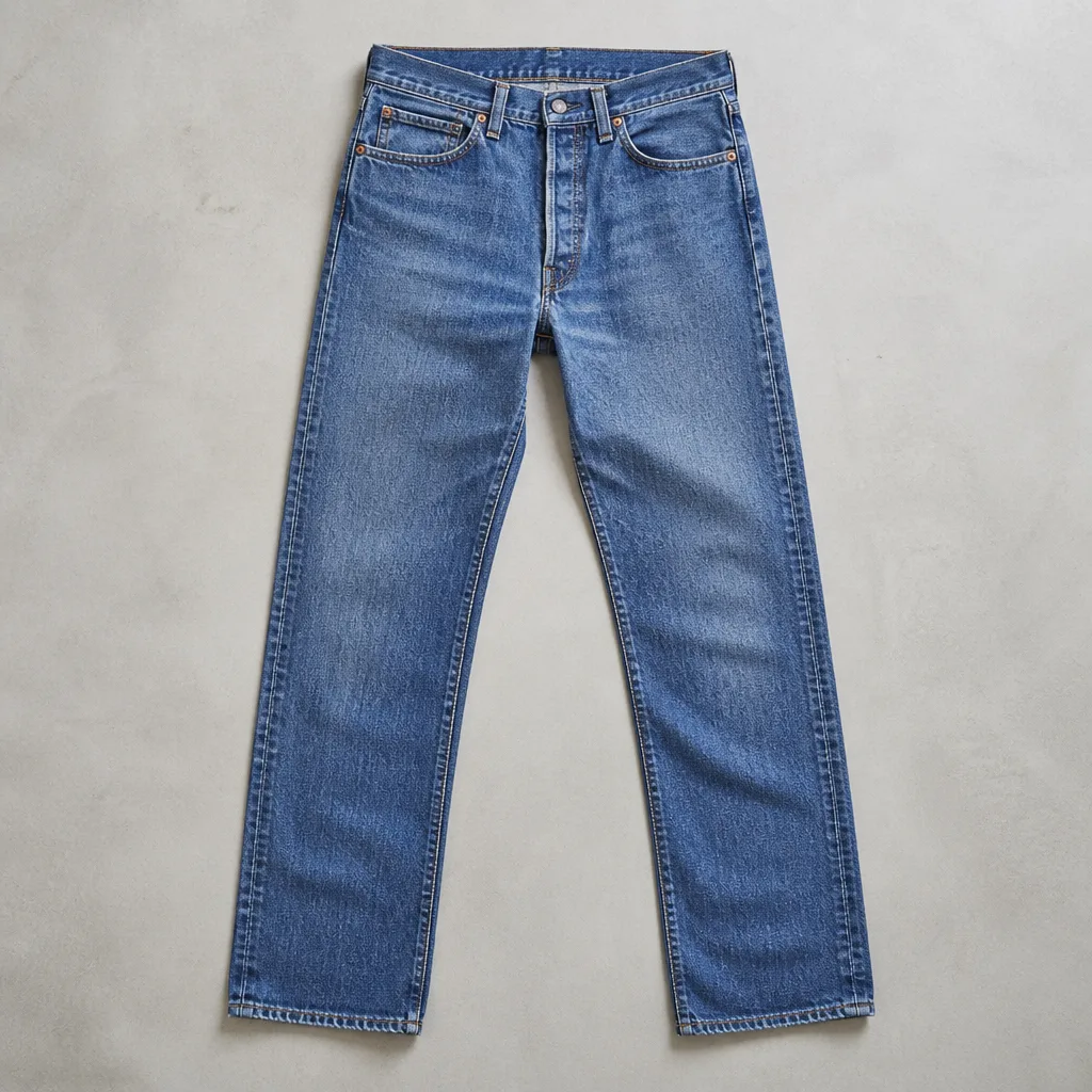 paio di jeans a gamba dritta steso in piano su una superficie neutra che mostra il classico stile a cinque tasche
