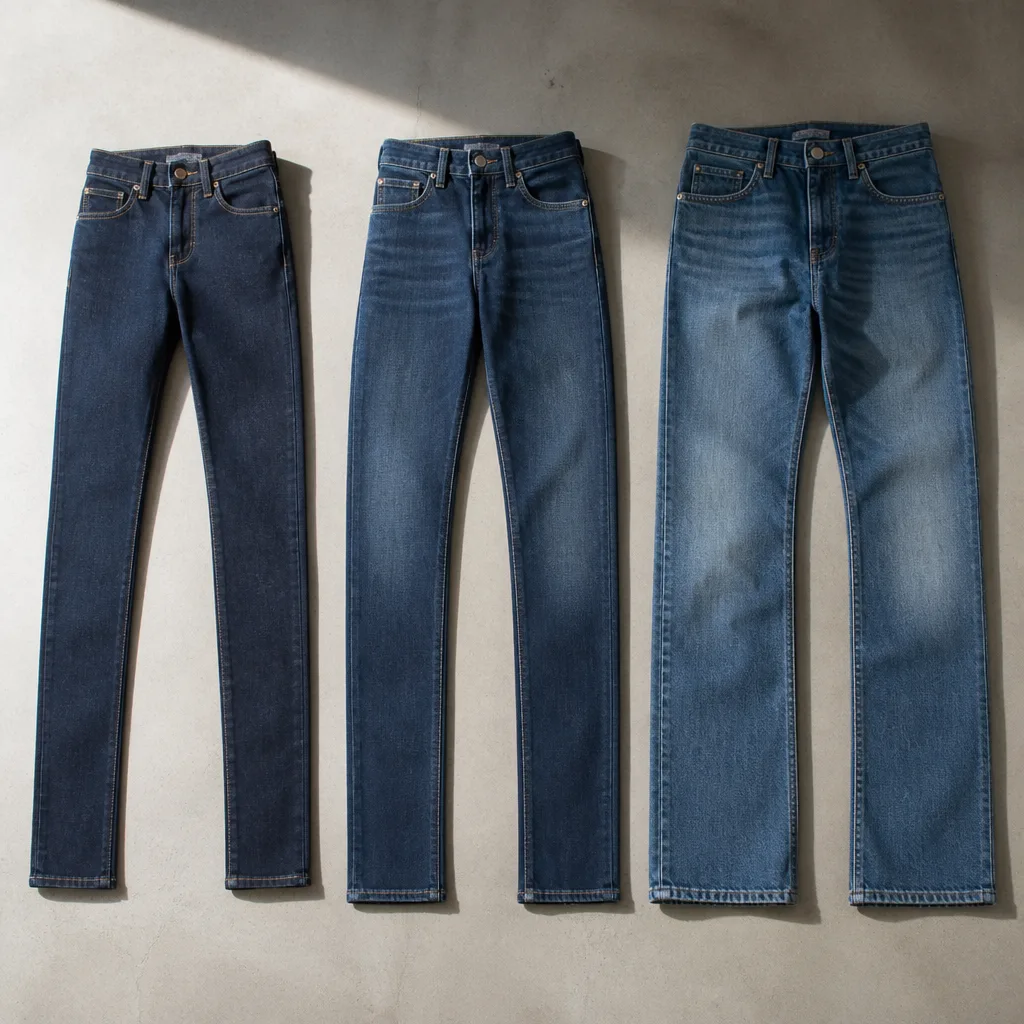 tre paia di jeans uomo con larghezze di gamba diverse disposti in piano fianco a fianco