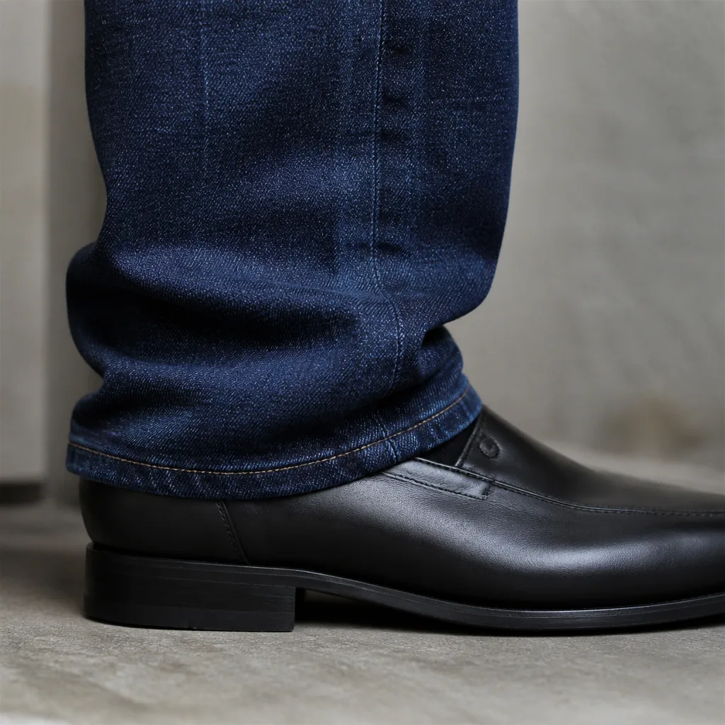 orlo di un paio di jeans appoggiato su una scarpa che mostra una piega singola e pulita nel tessuto