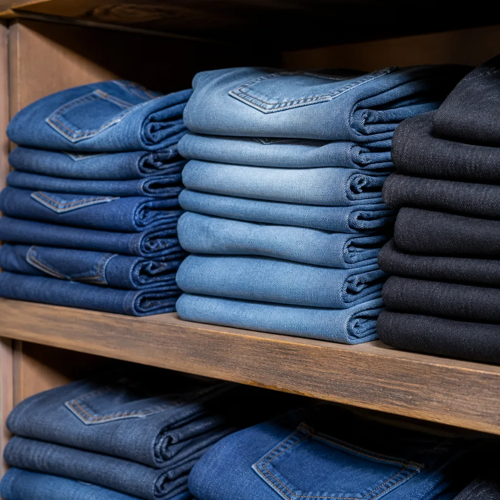 Pila di jeans piegati in lavaggi diversi su una mensola di legno
