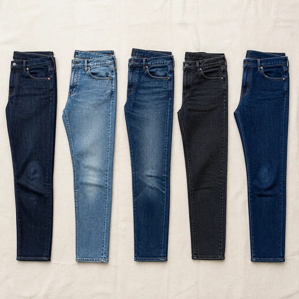 plusieurs jeans de formes de jambe différentes posés à plat côte à côte pour comparaison