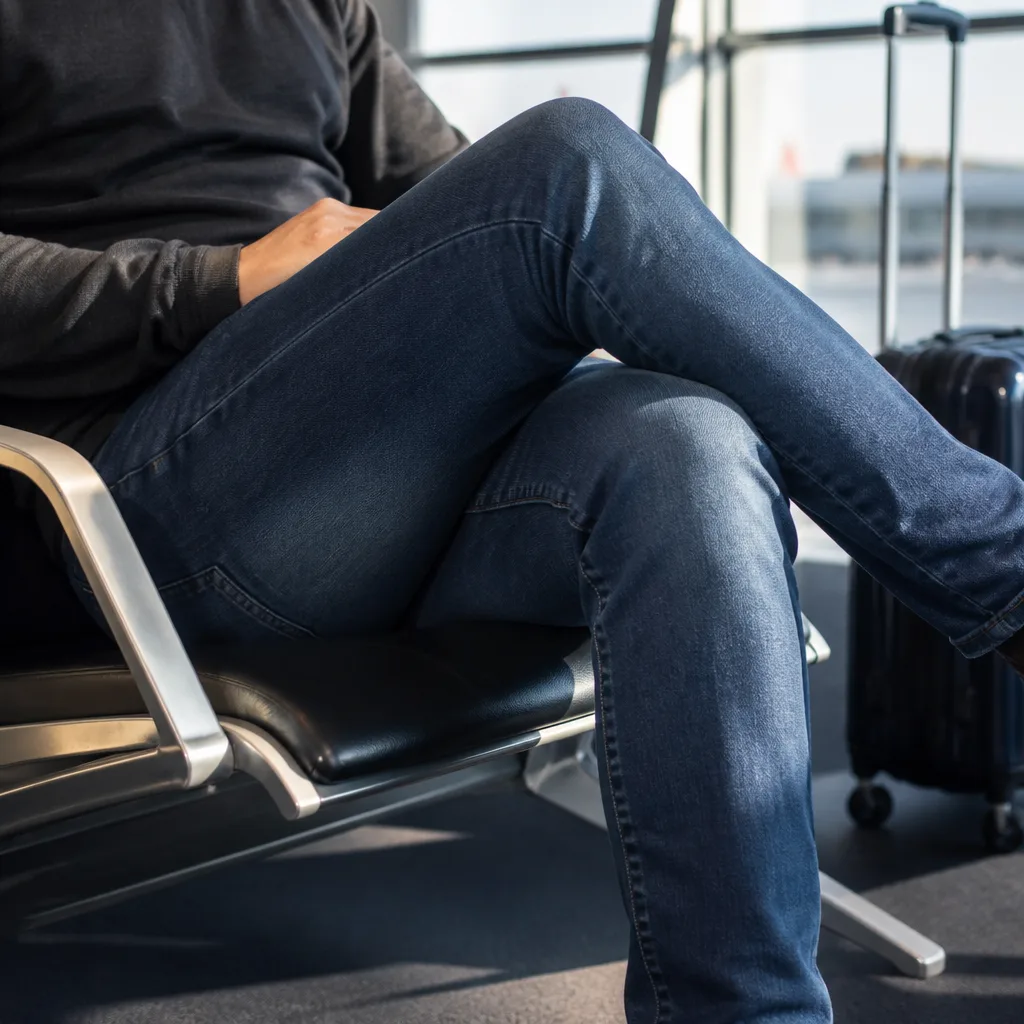 una persona seduta comodamente in jeans in un'area con sedute stile aeroporto, volto non visibile