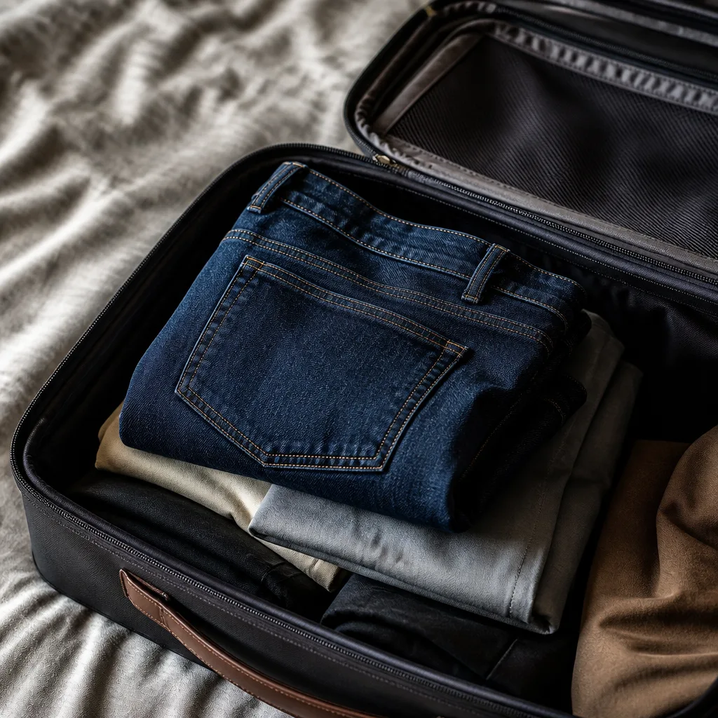 un paio di jeans piegato riposto con cura in una borsa da viaggio aperta
