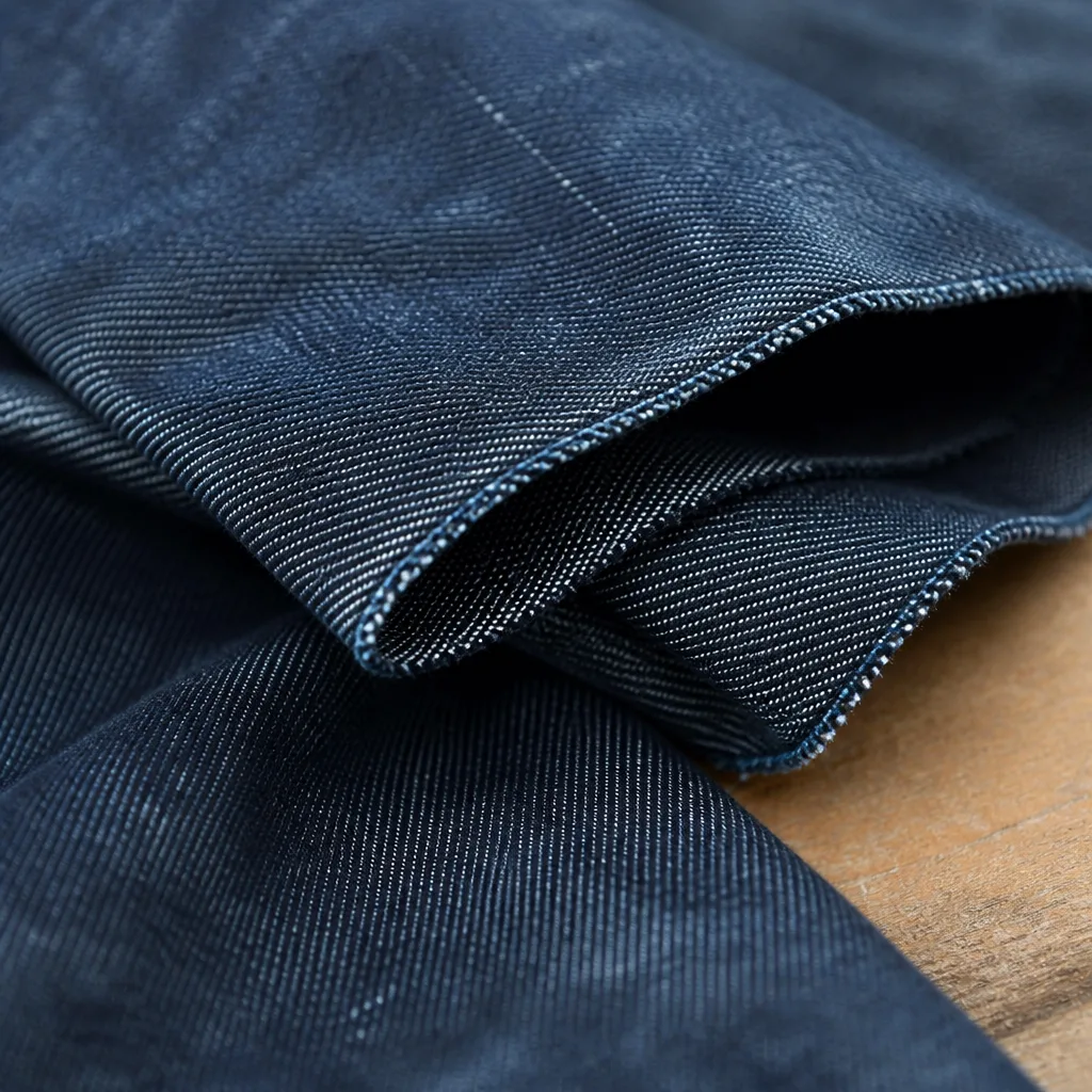 primo piano della trama di un tessuto denim grezzo con linee diagonali di saia e texture visibili