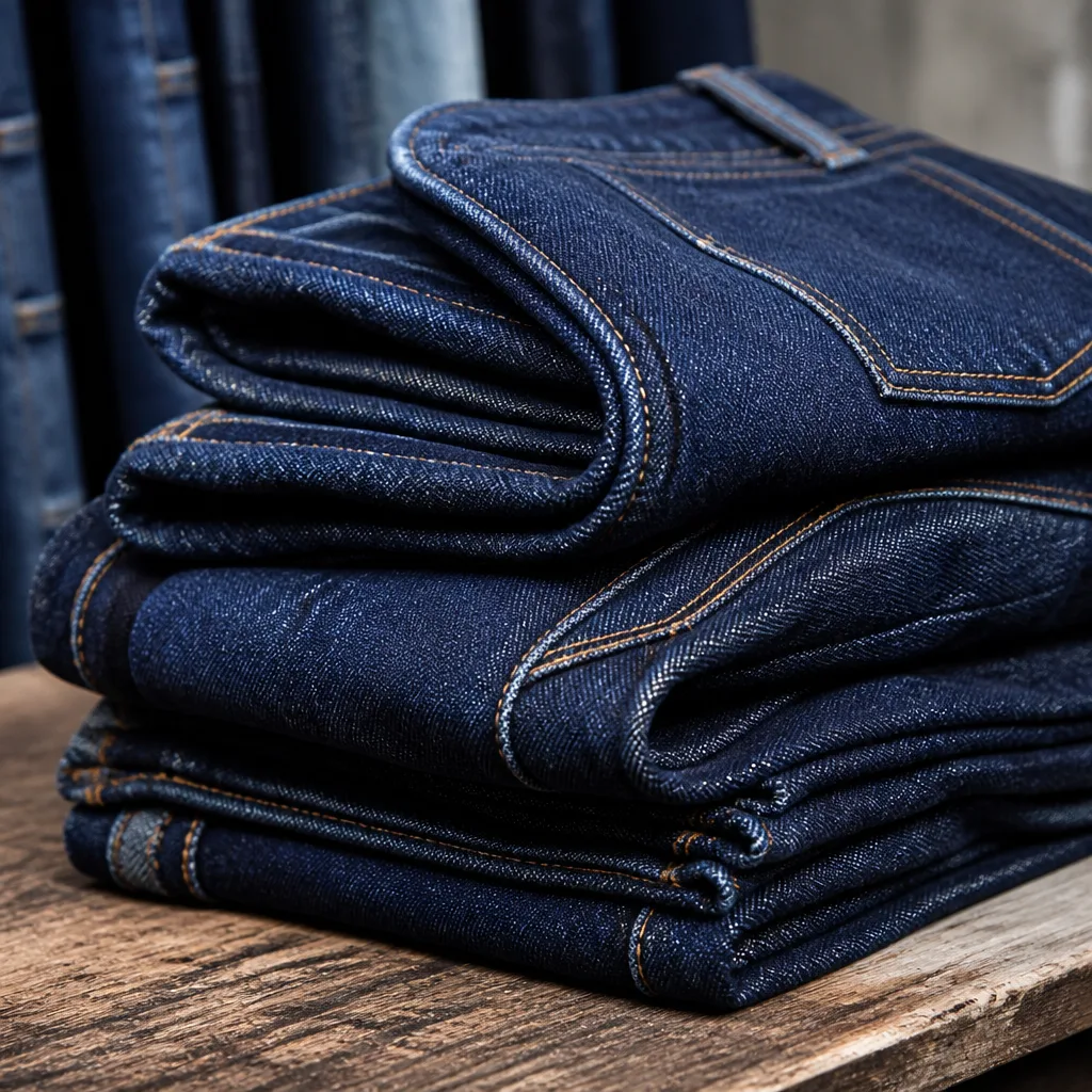 pila piegata di jeans in denim pesante con bordi di tessuto spessi e cuciture visibili
