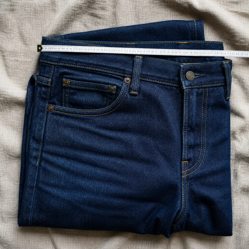 Jean plié à plat avec un mètre ruban de couturier posé sur la ceinture