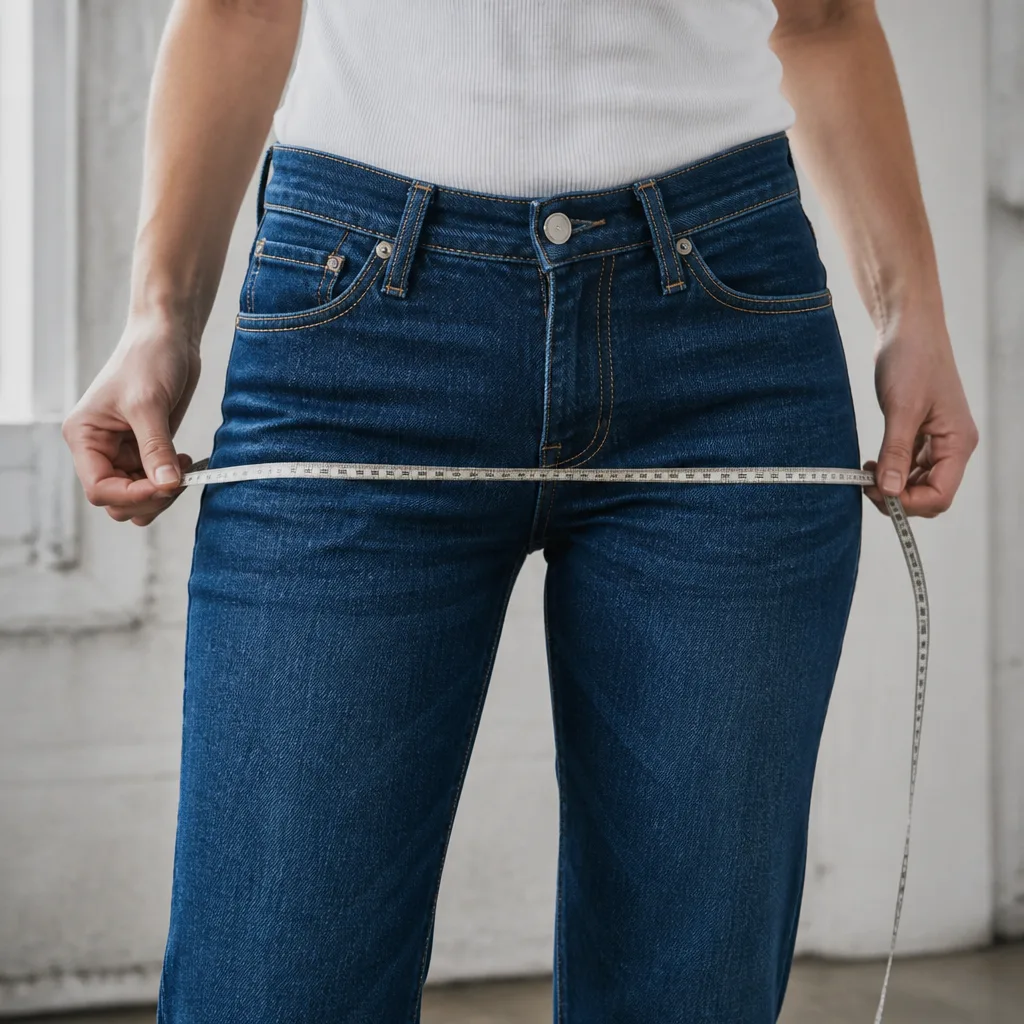 Personne de la taille aux pieds portant un jean, mètre ruban tenu autour de la ligne de hanche, aucun visage visible