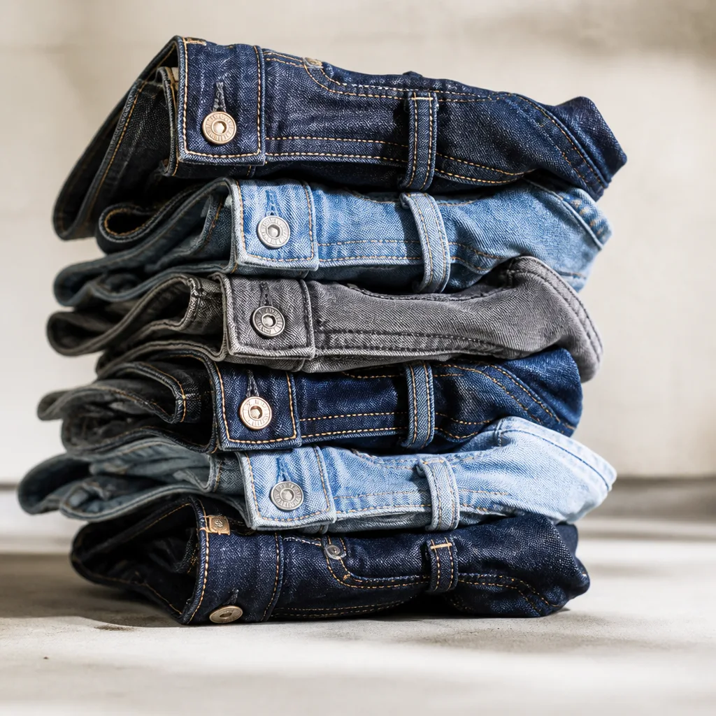 Plusieurs jeans pliés en pile, chacun avec une étiquette de taille différente visible sur la ceinture