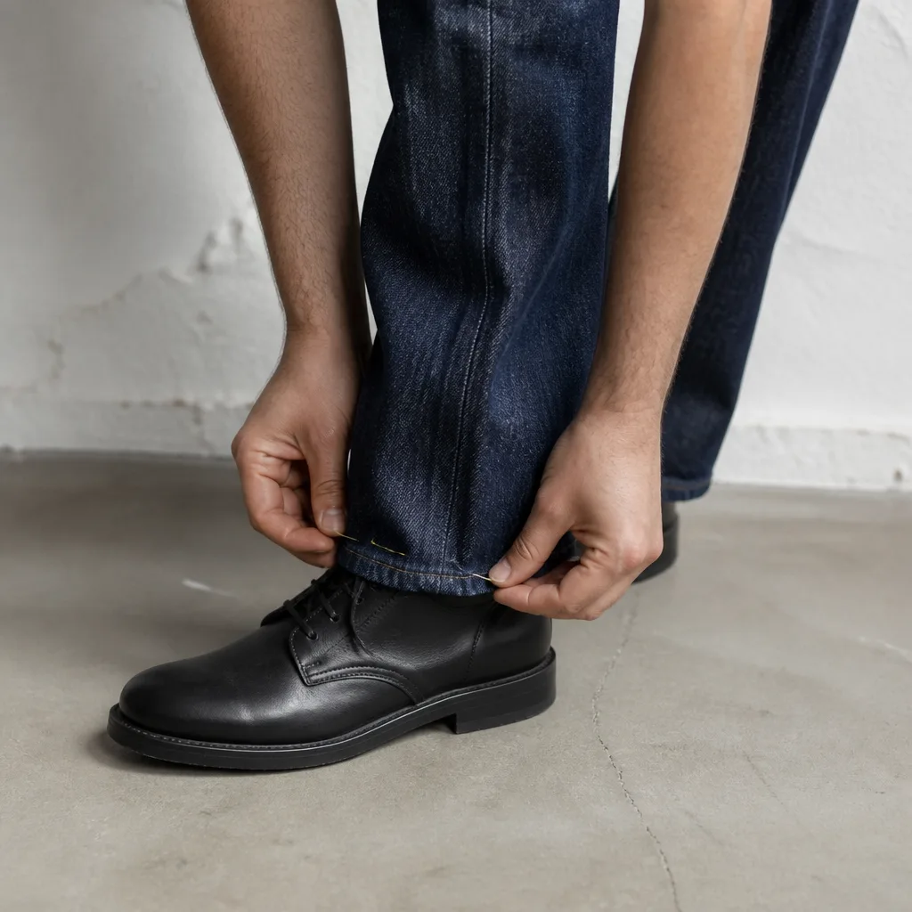 una persona in piedi con i jeans indossati e una scarpa, che segna la lunghezza dell'orlo desiderata con spilli vicino alla caviglia