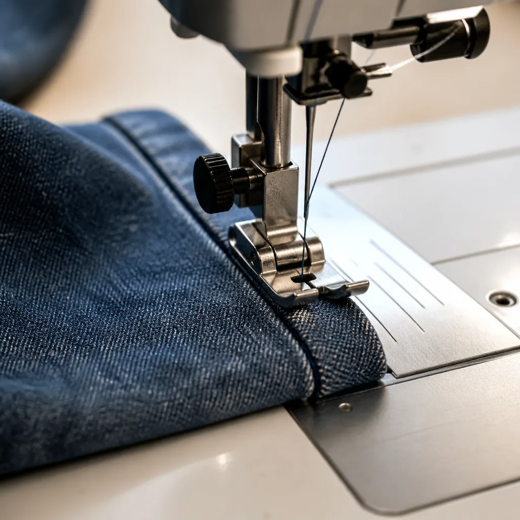 primo piano di una macchina da cucire che cuce un orlo di denim piegato con filo coordinato