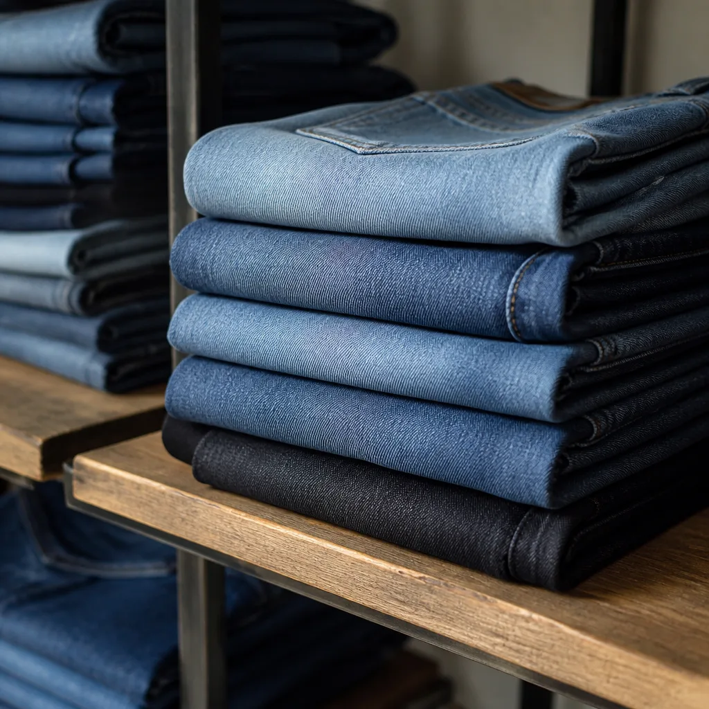 pila piegata di jeans in lavaggi diversi su una mensola di legno