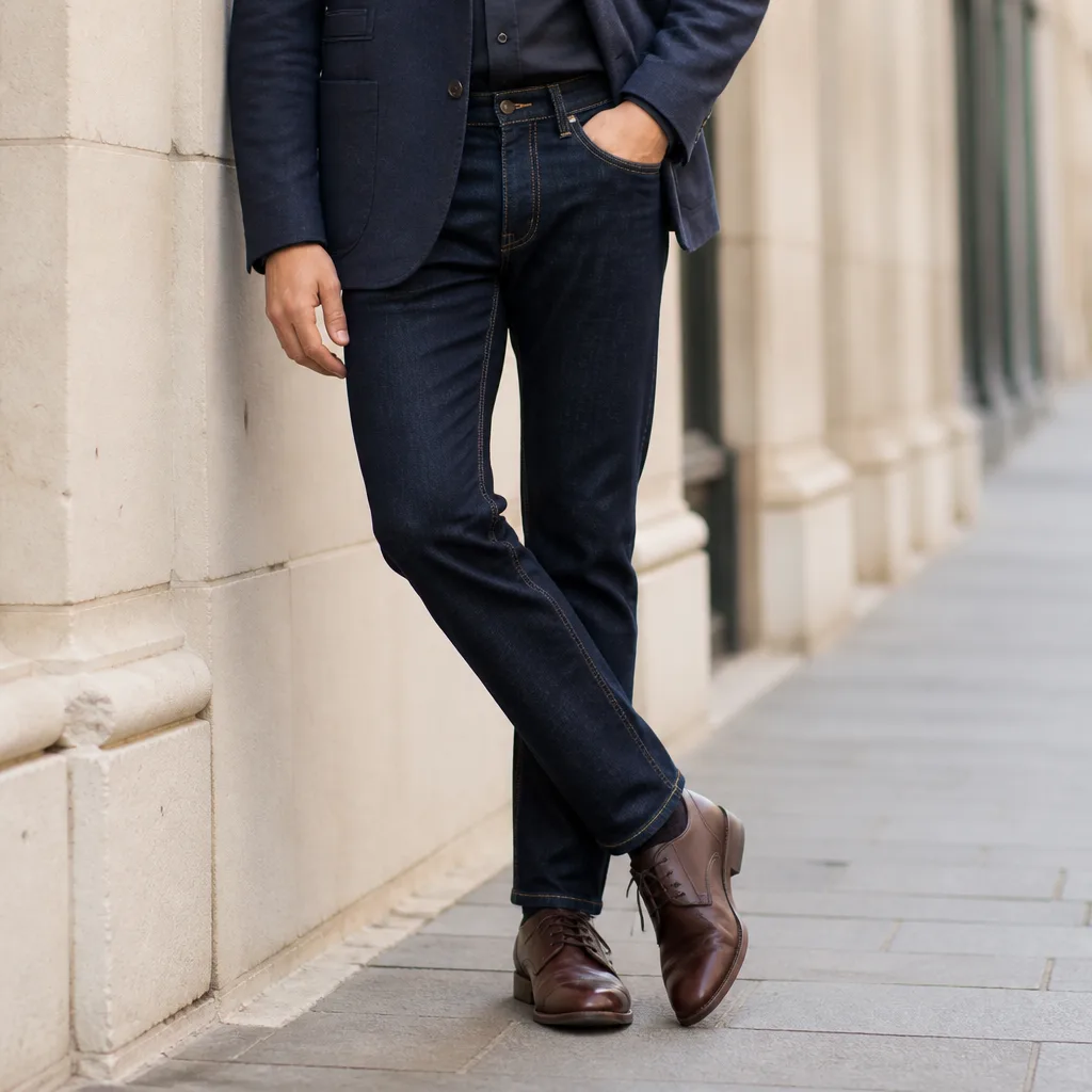 Person in dunkler gerader Jeans mit Blazer, kein Gesicht sichtbar