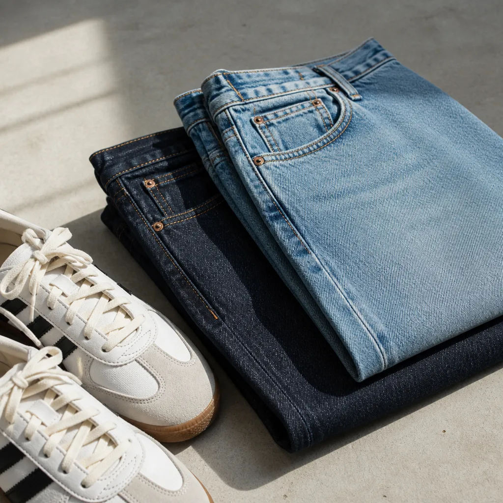 Zwei Jeans in unterschiedlichen Waschungen gefaltet neben Sneakern