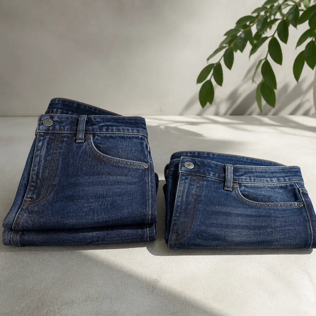 Zwei gefaltete Jeans nebeneinander, eine mit höherer, eine mit niedrigerer Bundhöhe