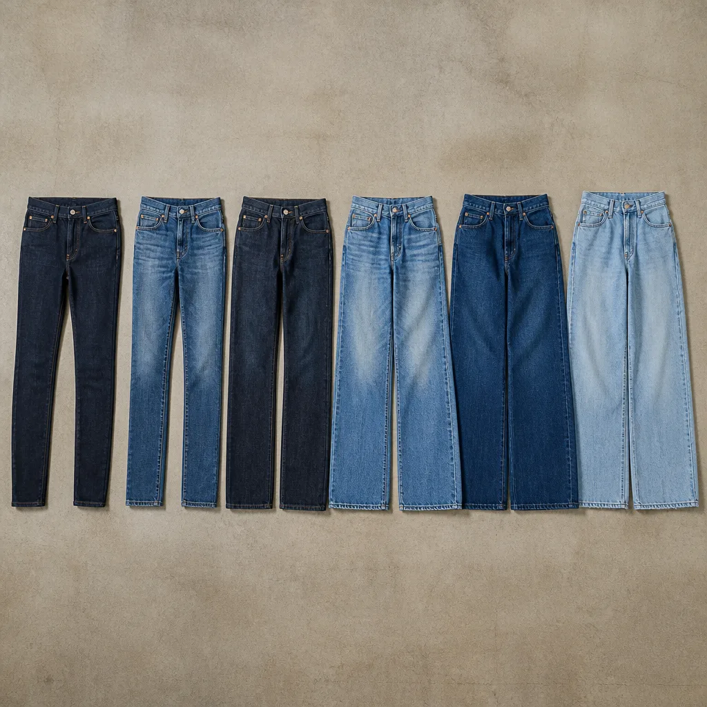 Sechs Jeans in unterschiedlichen Beinsilhouetten flach nebeneinander ausgelegt