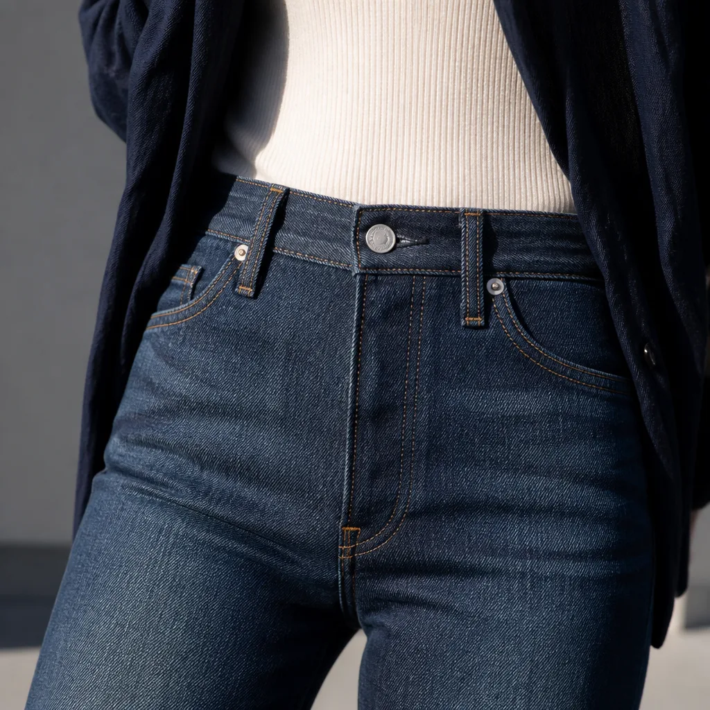 Nahaufnahme eines Jeansbunds mit hoher Bundhöhe an einem Oberkörper, kein Gesicht sichtbar