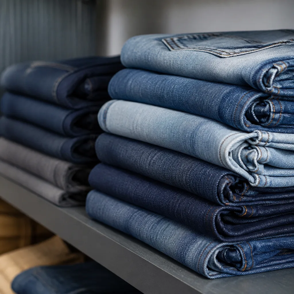 Pila di jeans piegati in lavaggi diversi su una mensola