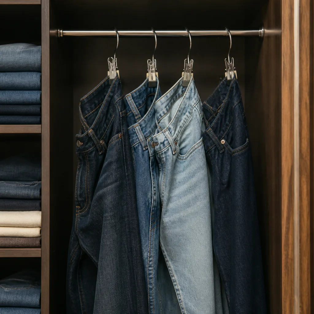 Jeans appesi per il girovita in un armadio