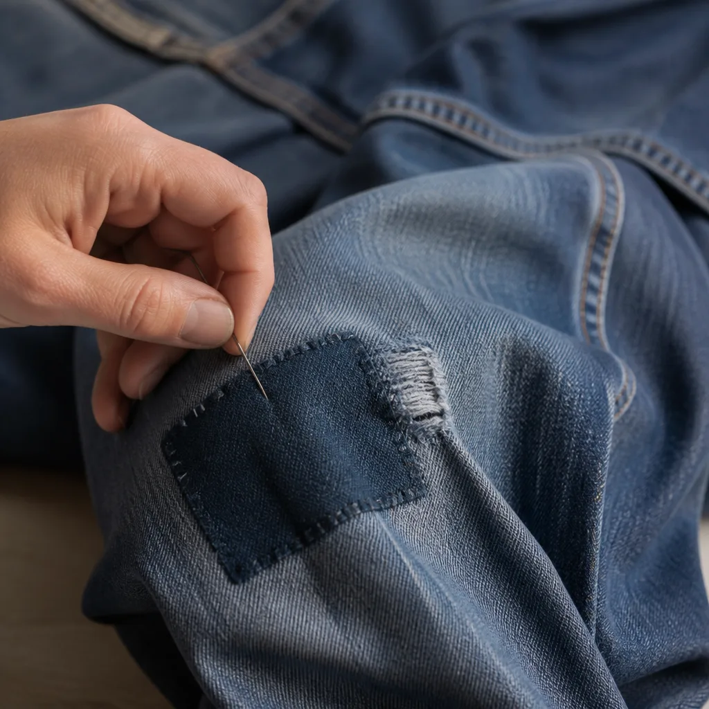 Mano che cuce una toppa su un tessuto di jeans consumato al ginocchio