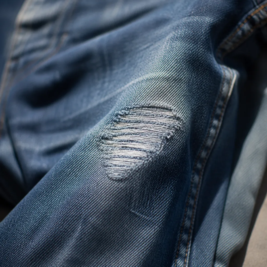 primo piano di tessuto denim consumato su un ginocchio che mostra fibre assottigliate e sbiadimento iniziale
