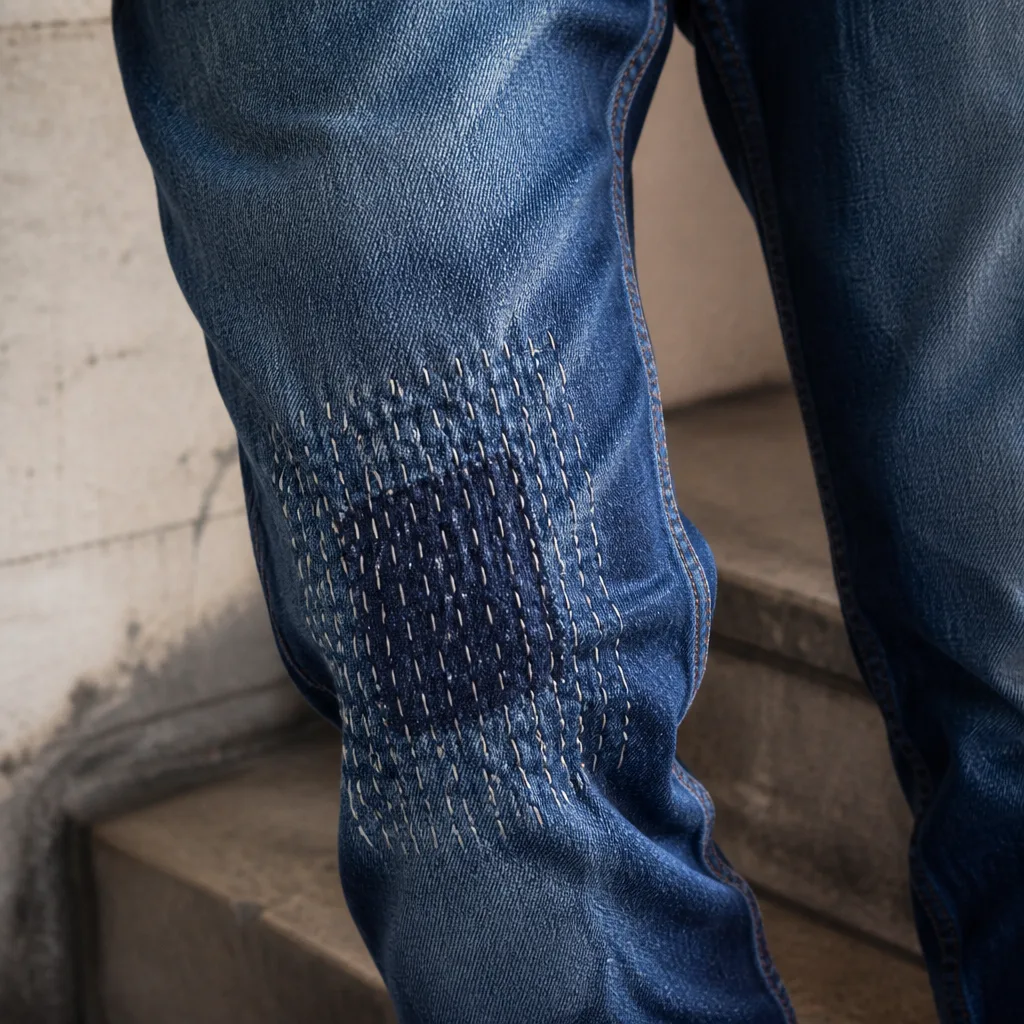 un paio di jeans con una toppa tessuta a vista su un ginocchio