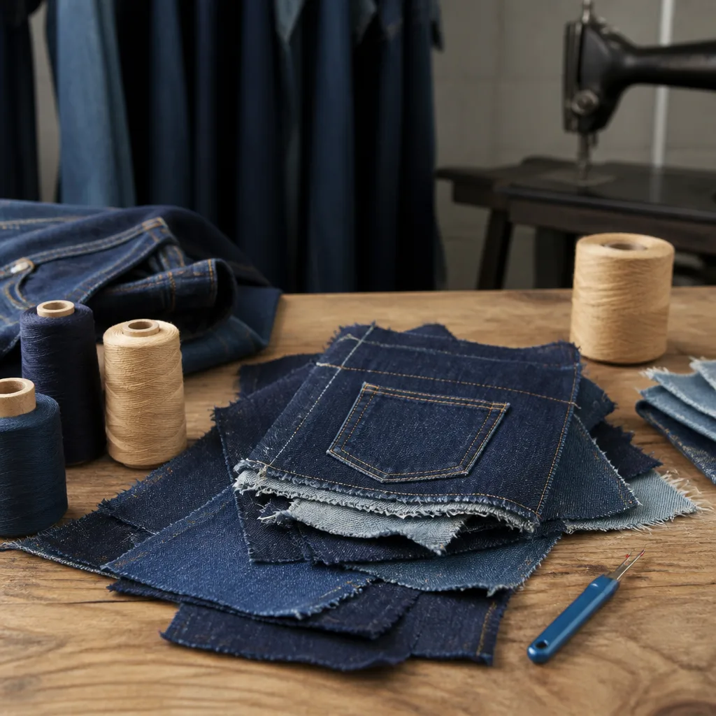 il banco di lavoro di un sarto con ritagli di denim, rocchetti di filo e uno scucitore