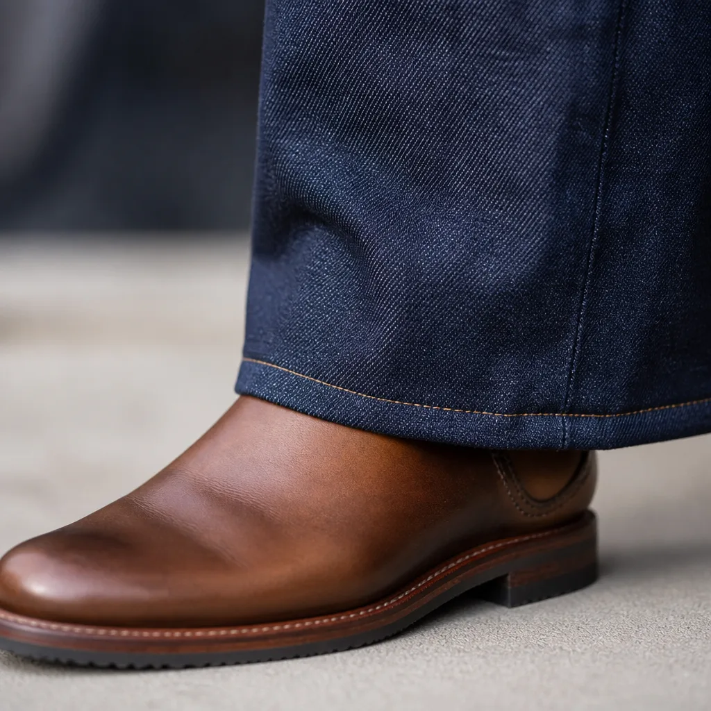 primo piano di un orlo di denim appoggiato sopra una scarpa, che mostra la larghezza dell'apertura di gamba