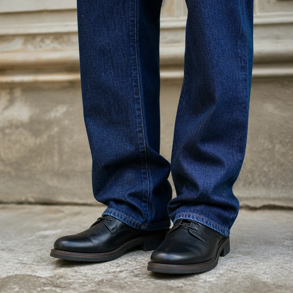 un paio di jeans a gamba dritta con piega completa appoggiato sopra un paio di stivali in pelle