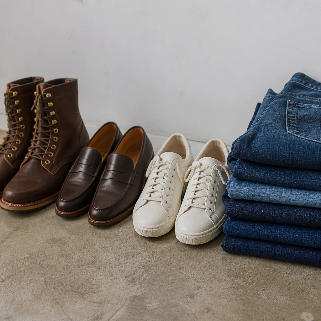 una fila di diversi tipi di scarpe tra cui stivali, mocassini e sneaker accanto a jeans piegati