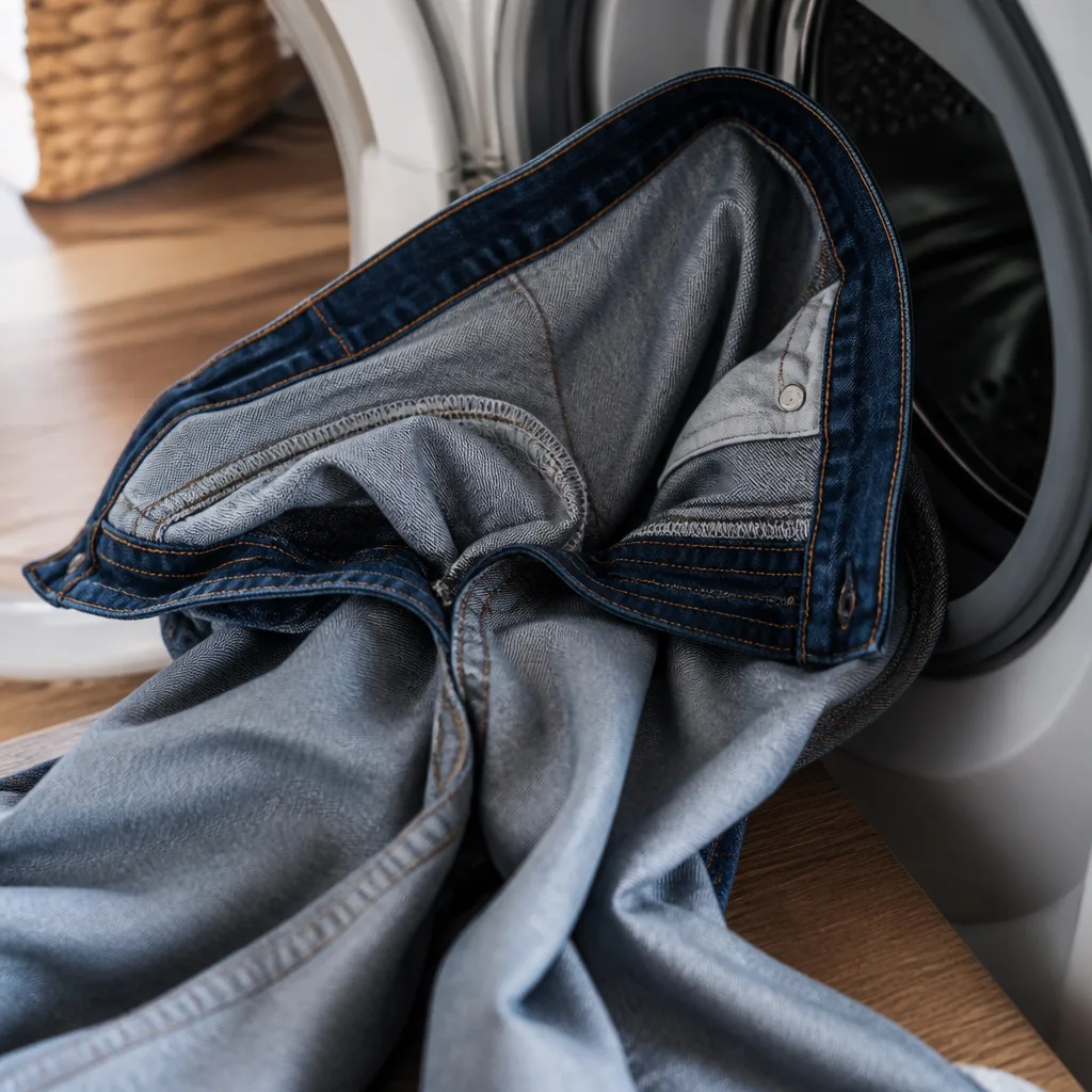 paio di jeans rovesciato pronto per essere messo in lavatrice