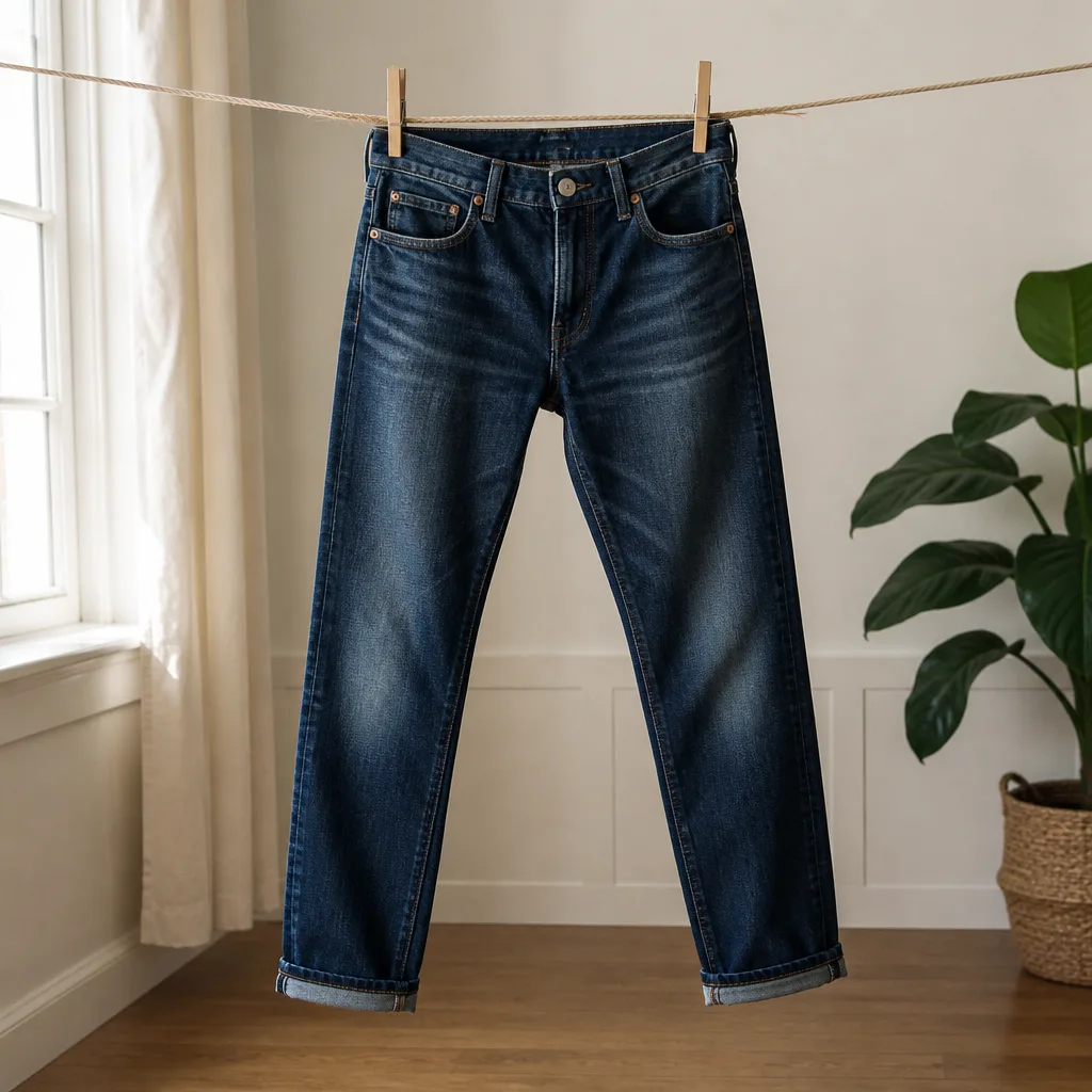 paio di jeans appeso ad asciugare all'aria su uno stendino al chiuso