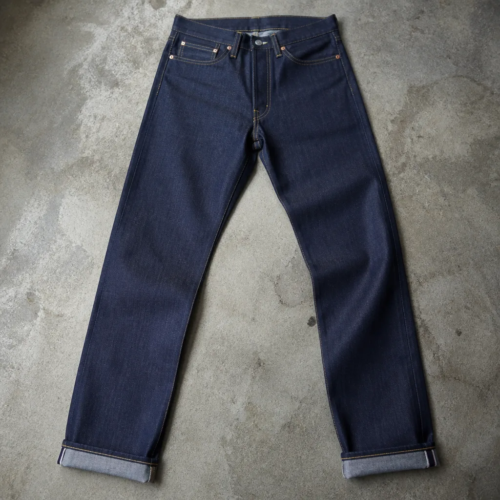 un paio di jeans raw denim indaco scuro steso in piano, non lavato e dall'aspetto rigido