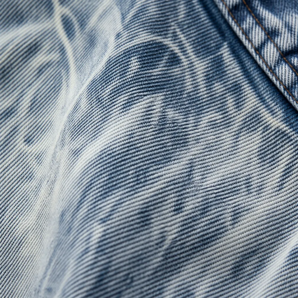 primo piano di tessuto denim molto sbiadito e striato con un lavaggio candeggiato ad alto contrasto