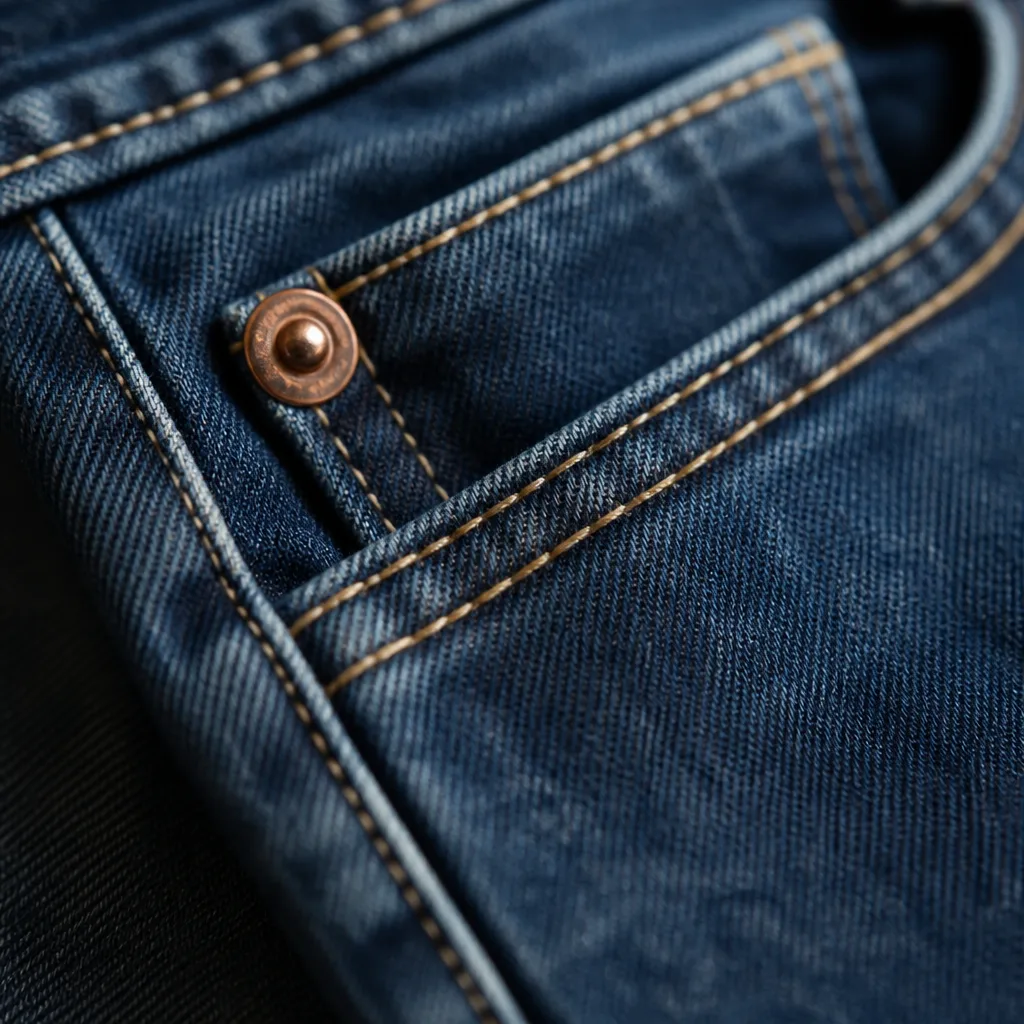 Primo piano di una cucitura di jeans con doppia impuntura e un rivetto