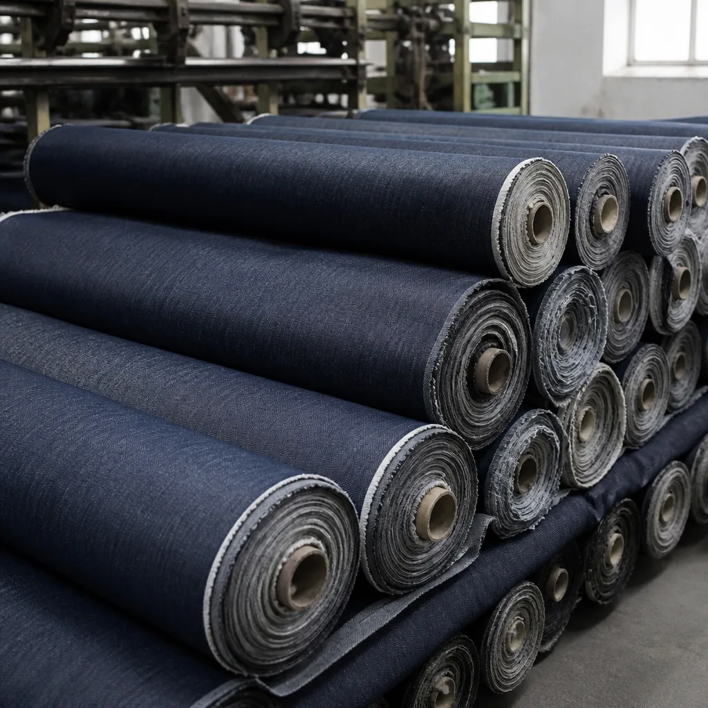rotoli di tessuto denim tinto in indaco grezzo impilati in un cotonificio