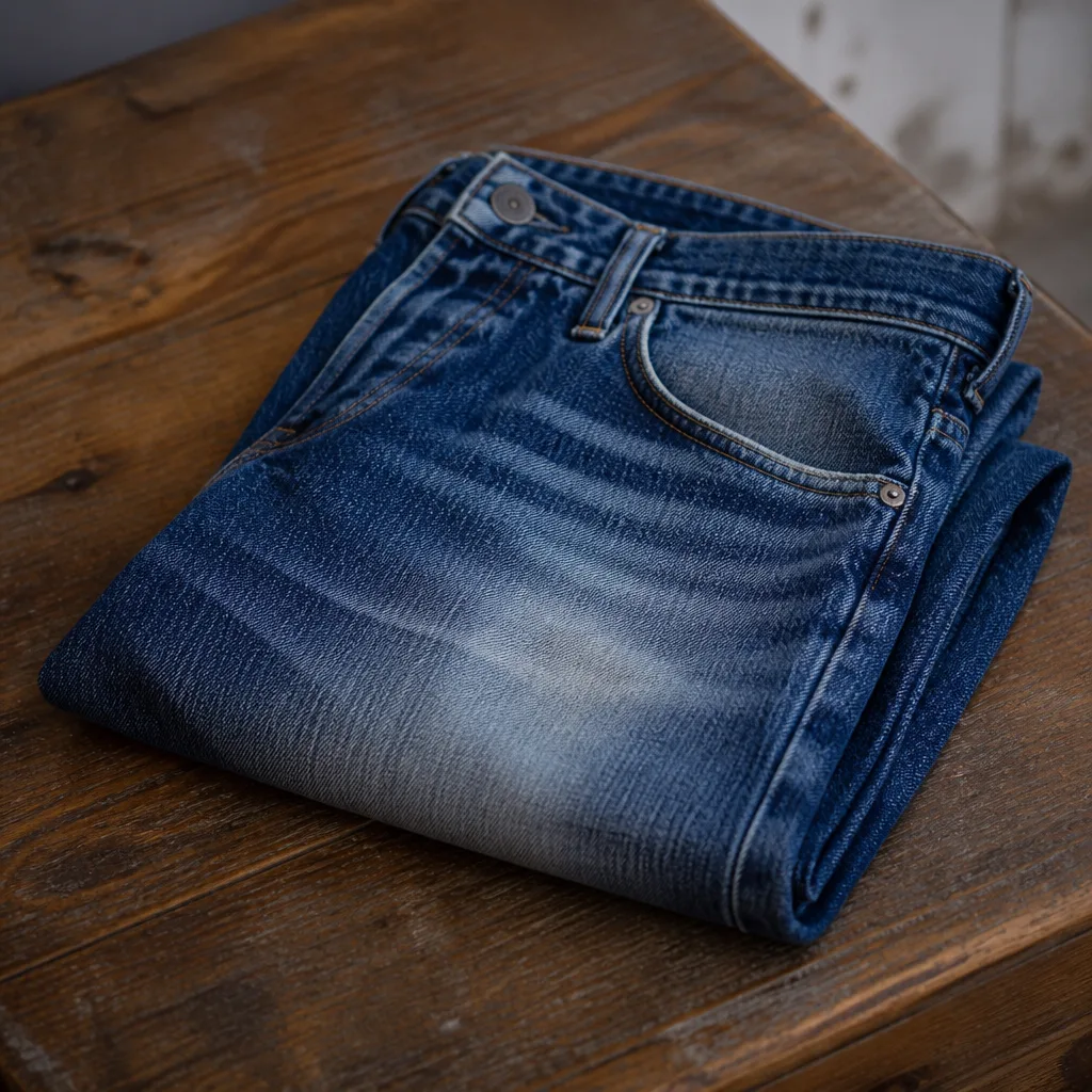 un paio di jeans ben vissuto con sbiadimento naturale su ginocchia e cosce, piegato con cura