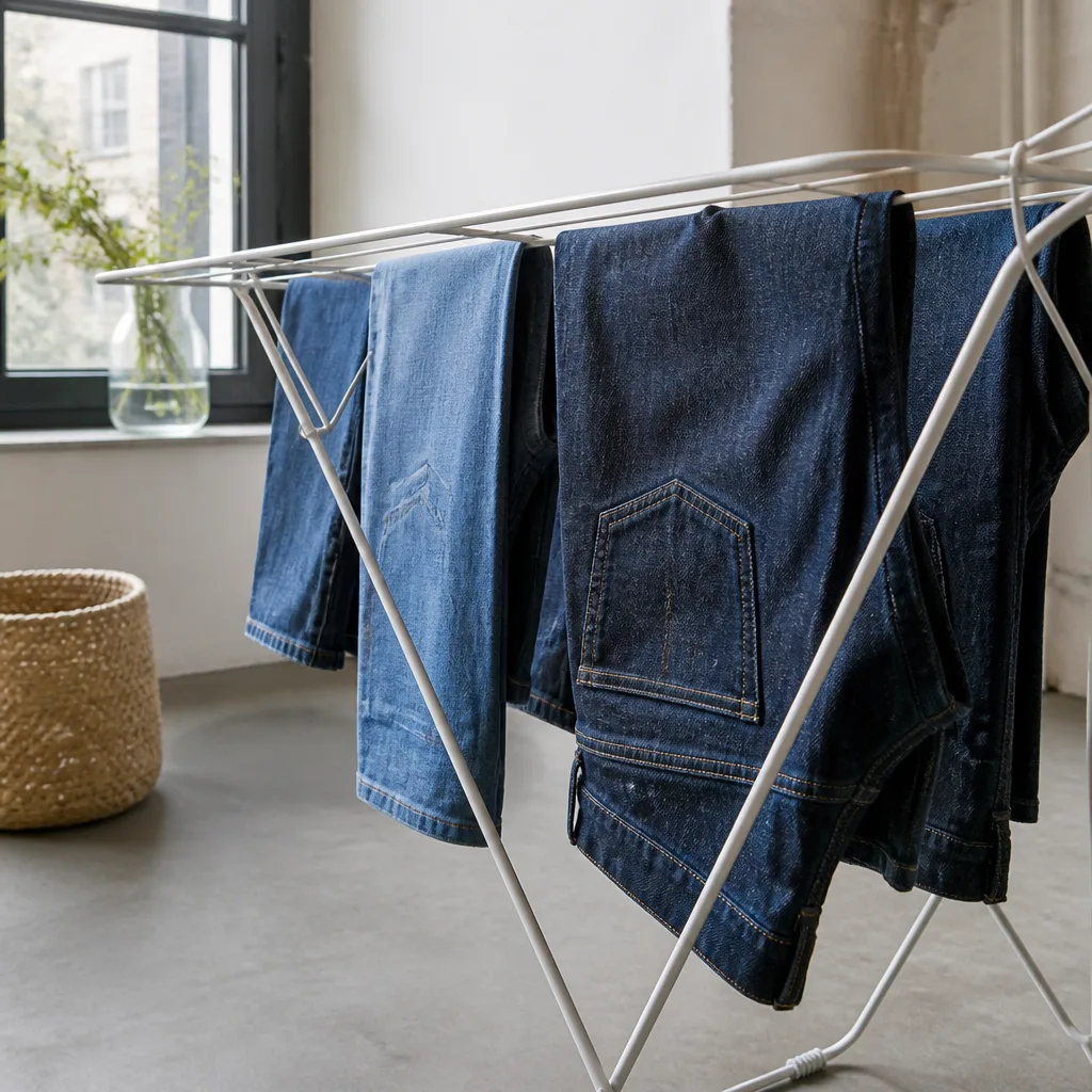 jeans appesi ad asciugare all'aria su uno stendino al chiuso