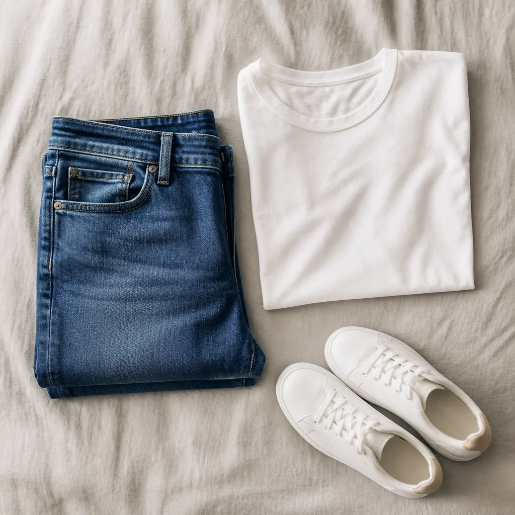 jeans a gamba dritta piegati con cura accanto a una t-shirt girocollo semplice e sneaker bianche