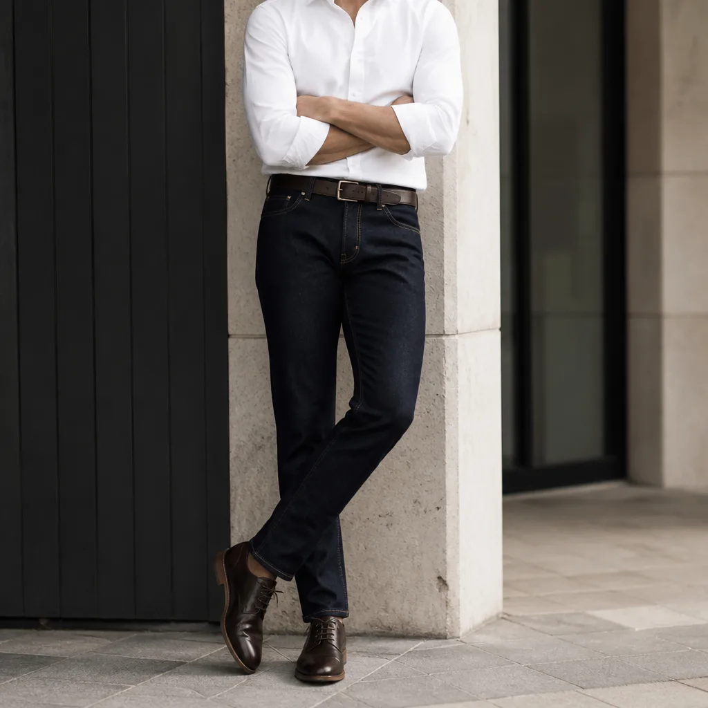 jeans dritti scuri con una camicia bianca impeccabile, maniche arrotolate, e scarpe in pelle