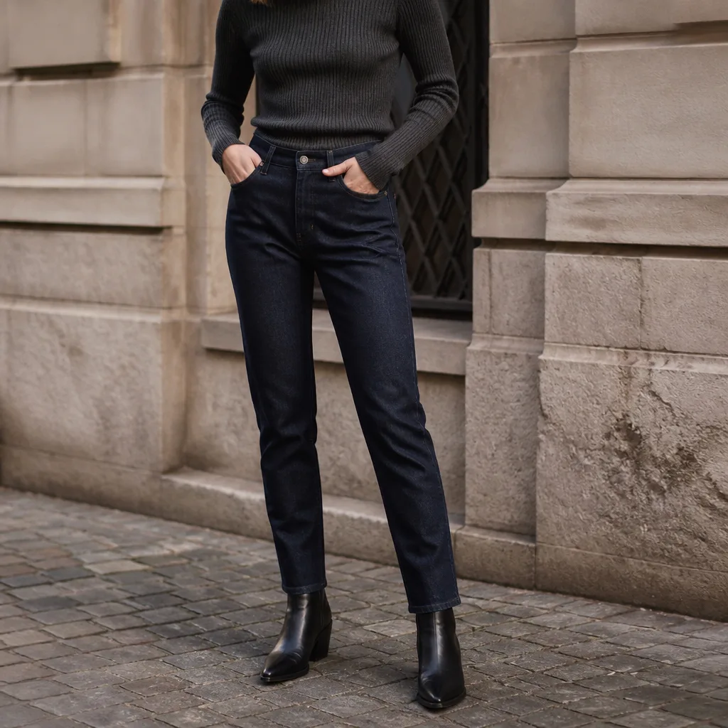 jeans affusolati scuri con un top in maglia fine e stivaletti