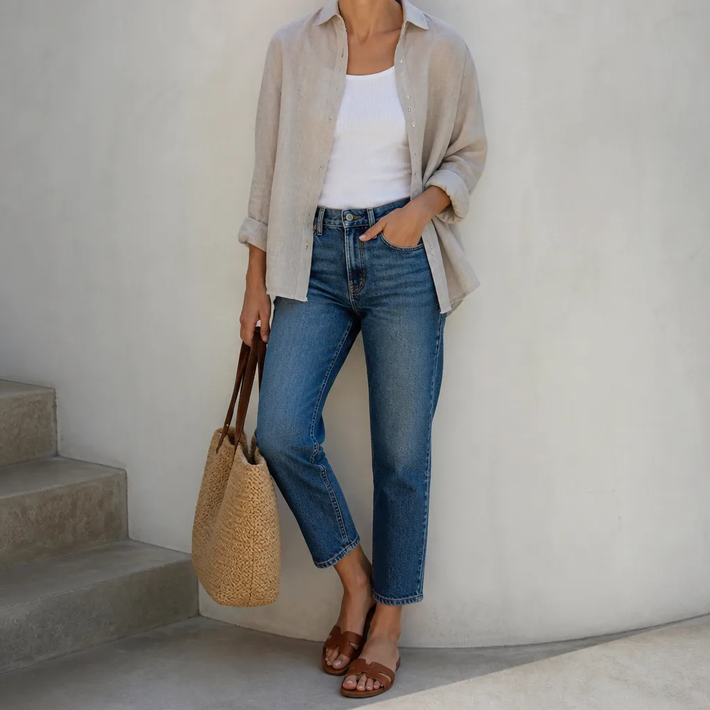 jeans dritti corti con una camicia di lino aperta sopra un top semplice