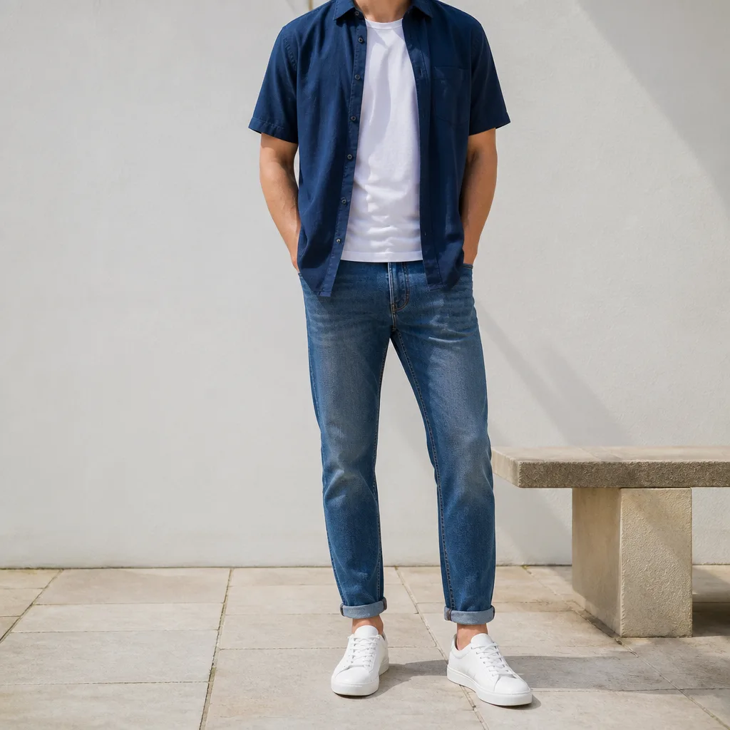 jeans dritti arrotolati alla caviglia con una camicia a maniche corte, indossata aperta