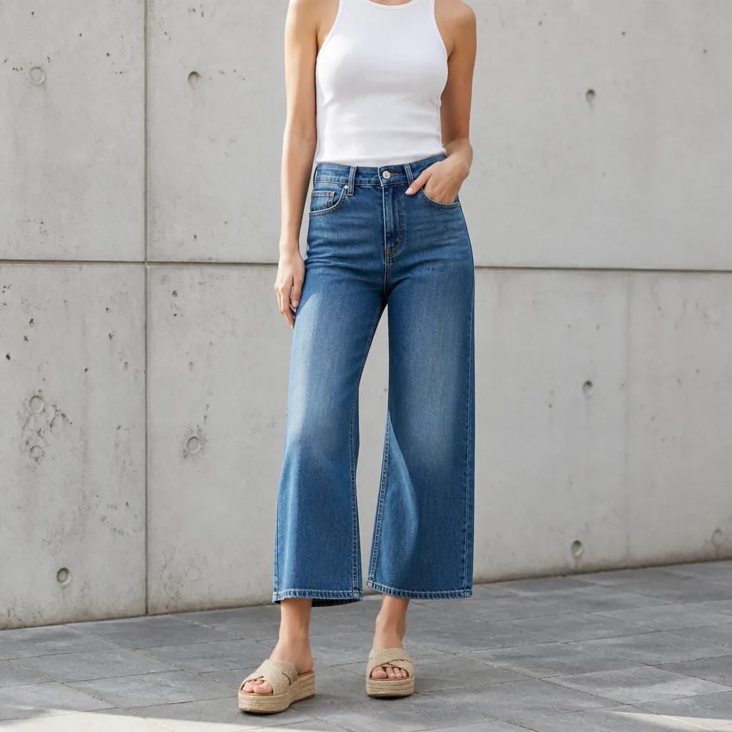 jeans a gamba larga corti con una canotta aderente e sandali platform