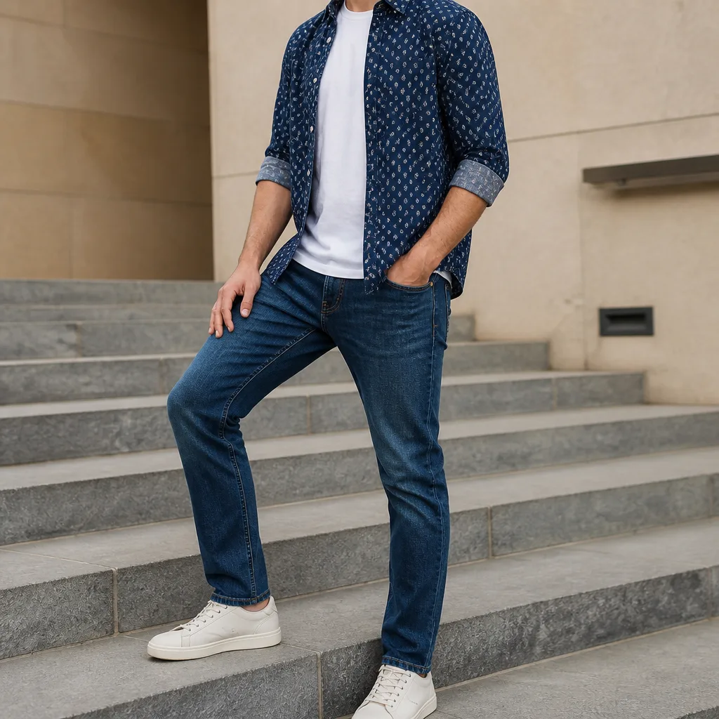 jeans dritti con una camicia a fantasia sbottonata sopra una t-shirt semplice